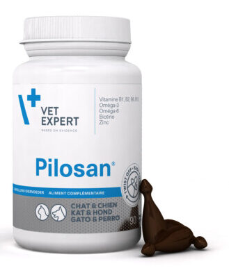 Complément alimentaire pour chiens et chats, riche en vitamines, oméga-3, biotine et zinc, favorise la santé et le bien-être des animaux de compagnie.
