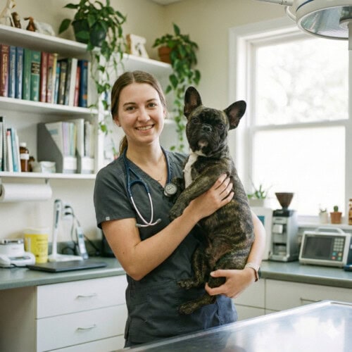 Formation continue en Dermatologie Vétérinaire depuis 25 ans ! Humain vétérinaire souriant tenant un bouledogue français dans une clinique vétérinaire lumineuse et bien équipée.